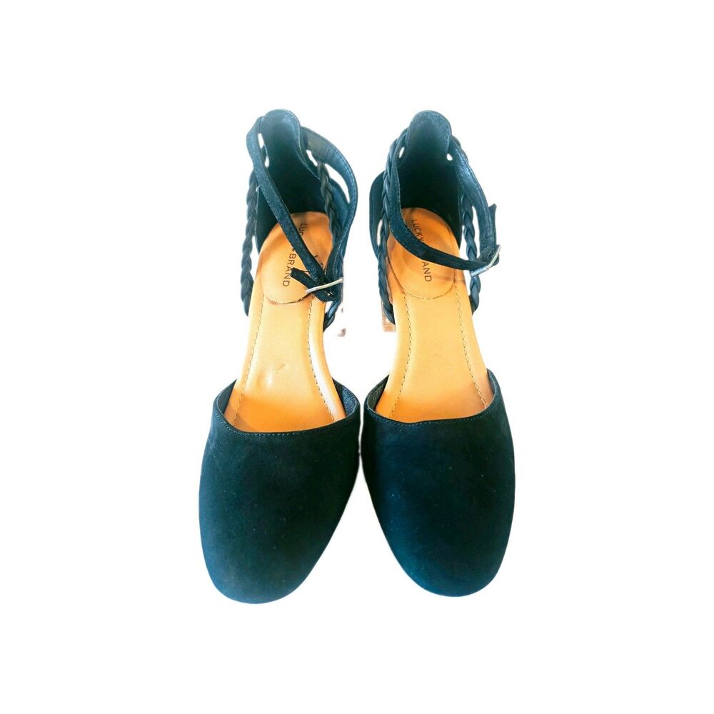 Lucky Brand Black Suede Braided Ankle Strap Buckle Pump Heels Women's 7
